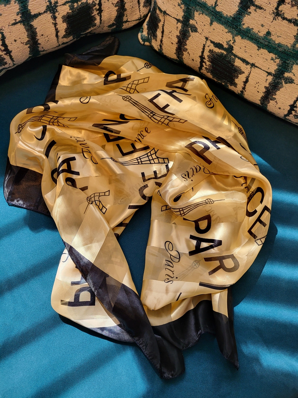 Silky Gold and Black Paris Theme Scarf